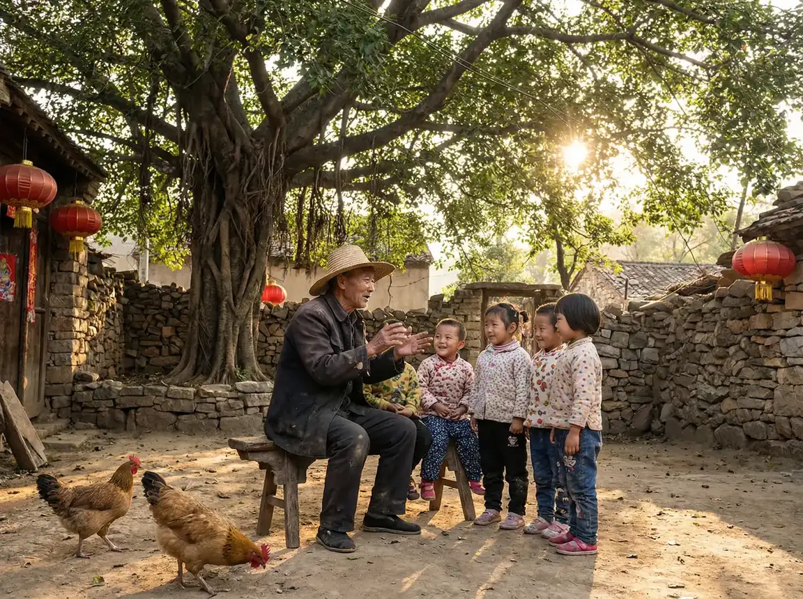 老人在大榕树下给孩子们讲故事 - 性戏达人 乡村记忆